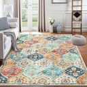 ROYHOME 9x12 Area Rug Large Moroccan Trellis Machine Washable Rug Vintage Medallion Distressed Indoor Accent Rug Stain Resistant Non-Slip Floor Cover Carpet for Living Room Bedroom, Cream