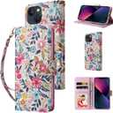 UEEBAI Wallet Case for iPhone 15, PU Leather Phone Case Kickstand RFID Blocking Flip Case Card Slots Wrist Strap Relief Engraved Pattern Magnetic Closure Flower Folio Case, Multi Flower