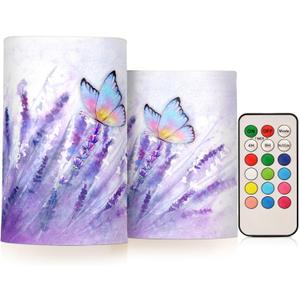 Flickering Flameless Candles, Lavender Butterfly Purple LED Candles with Remote Timer, Set of 2 Battery Operated Candle for Valentine Wedding Birthday (D3" x H5", D3" x H4")