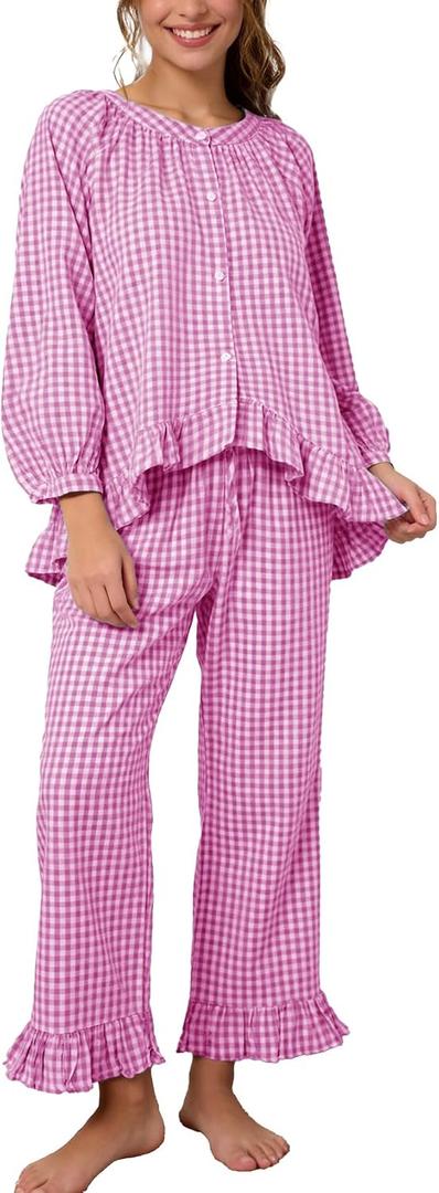 Flygo Womens Plaid Pajamas Sets 2 Piece Cotton Pj Set Puff Sleeve Ruffle Babydoll Shirt Gingham Pants Lounge Sets (Pink, XS)