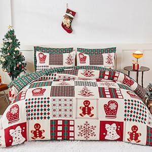 Dobuyly Christmas Comforter Set Queen Size 7 Piece Bed in a Bag, Rustic Bear Deer Plaid Patchwork Bedding Set, Winter Holiday Olive Green Christmas Bedding