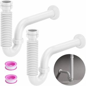 2 Pack Expandable Flexible P-Trap 1-1/2", Flexible Sink Drain Pipe, Flexible Drain Pipe Expandable P Trap Tubing Pipe for Kitchen,Bathroom Sinks and Garbage Disposals