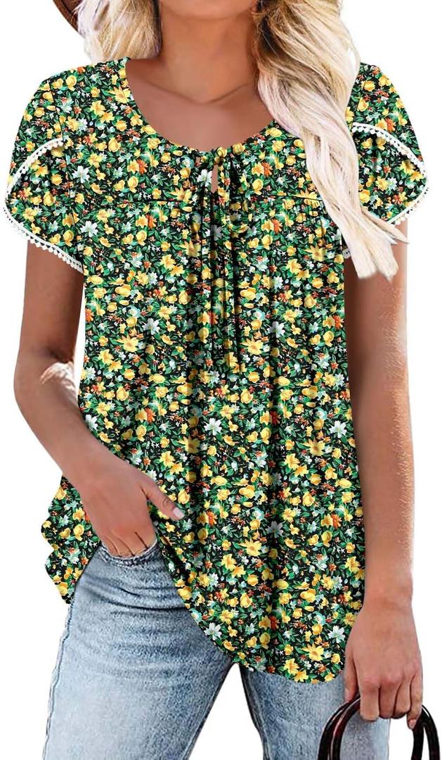 BETTE BOUTIK Womens Summer Tops Pleated Corded Short Sleeve Tunic Shirts Crewneck Blouses Tops S-3XL (XL)