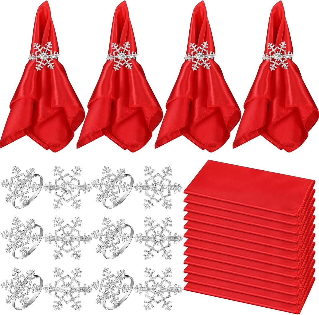 Nitial 24 Pcs Christmas Napkin and Rings Set 12 Packs Washable Red Napkins Cloth 12 Pcs Silver Snowflake Napkin Rings for Holiday Table Decoration Wedding Birthday Xmas Party Events