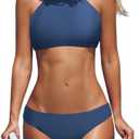 beautyin Womens Floral Striped Halter High Neck Bikini Swimsuit Set Cross Back M