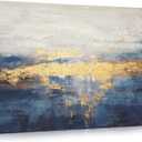 Briful Extra Large Abstract Canvas Wall Art for Living Room & Bedroom - Indigo, White, Gold - 32'' x 24'' (Blue)