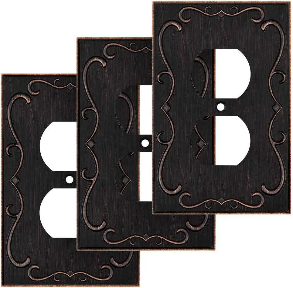 French Cabriole Decorative Wall Plate Switch Plate Outlet Cover (Single Duplex, 3 Pack, Aged Bronze)