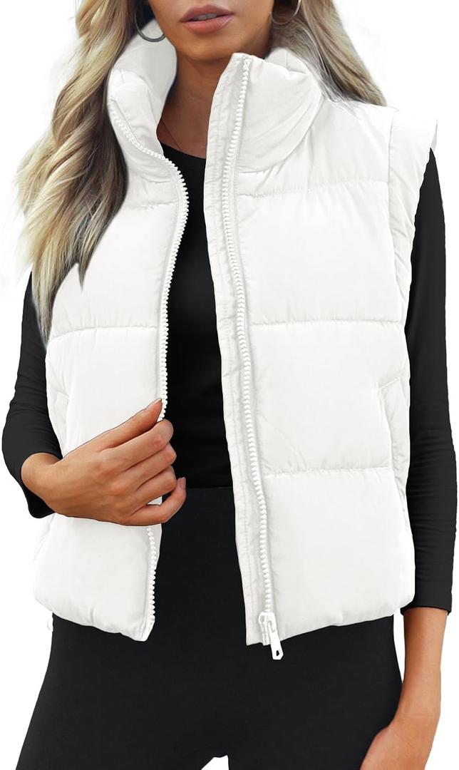 Cityork Women's Puffer Vest Lightweight Sleeveless Winter Outerwear Full Zipper Warm Padded Gilet Jacket Coat with Pockets (White, M)