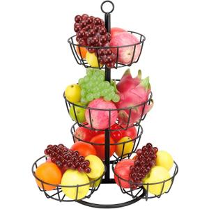 Livabber Fruit Basket Bowl, Metal Fruit Vegetable Storage Basket for Kitchen Counter, Large Capacity Vegetable Holder Rack Detachable Organizer for Bread Snack Produce (Black, 5-Tier Metal Base)