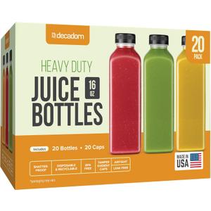 DECADORN 16oz 20pcs Juice Bottles With Caps - MADE IN USA Juice Containers With Lids For Fridge - Juicer Bottles With Tamper Evident Caps, Shatterproof, BPA-Free, Leak proof, Disposable & Recyclable