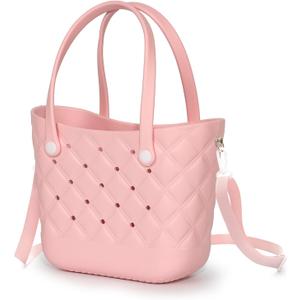 Small Rubber Tote Bag Waterproof Beach Bag with Strap Cute Beach Crossbody Tote For For Little Girls & Women (Pink)