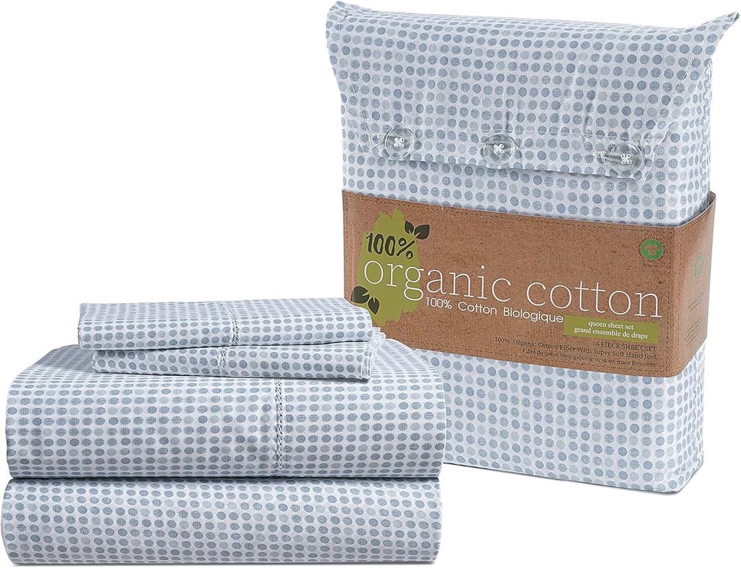 LANE LINEN 100% Organic Cotton Pre Washed Extra Long Twin Sheets Low Pill Fade Resistant Macine Wash Naturally Temperature Regulating Printed Cotton Sheets Twin XL Bed Sheets- Polka Dot Blue