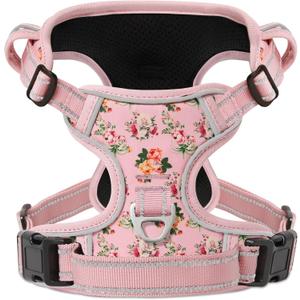 HEELE Dog Harness, No Pull Adjustable Padded Reflective Harness for Small Medium Large Dogs with Handle for Walking Training, Flower-Pink, Medium