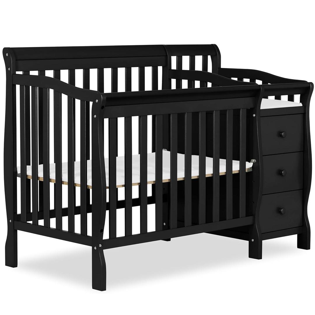 Dream On Me Jayden 4in1 Mini Convertible Baby Crib & Changer with Storage in Black, Pinewood, GreenGuard Gold & JPMA, 1 Mattress Pad, 3 Mattress Heights, Converts to Mini Day & Twin-Size Bed