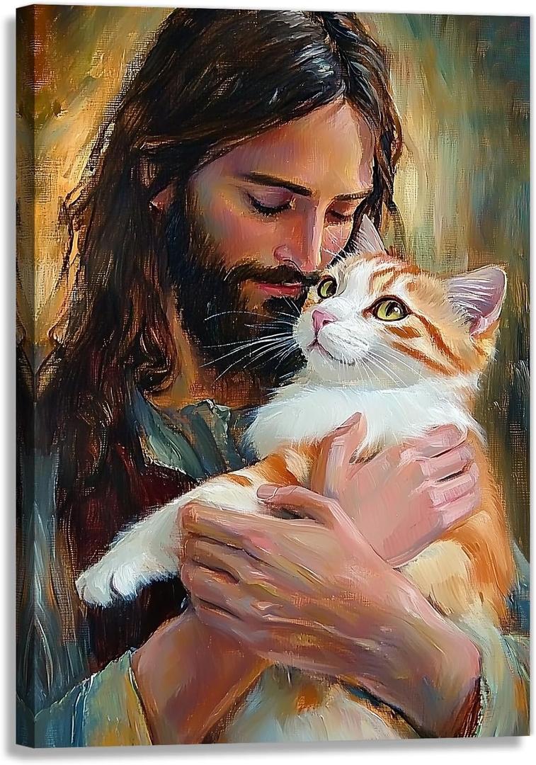 Jesus Animal Wall Art Jesus Holding Cat Pictures Print Watercolor Cute Cat Posters Christian Religious Painting Artwork Christ Home Decoration Framed(Artwork-1,16"x24"), 24L" x 16W"