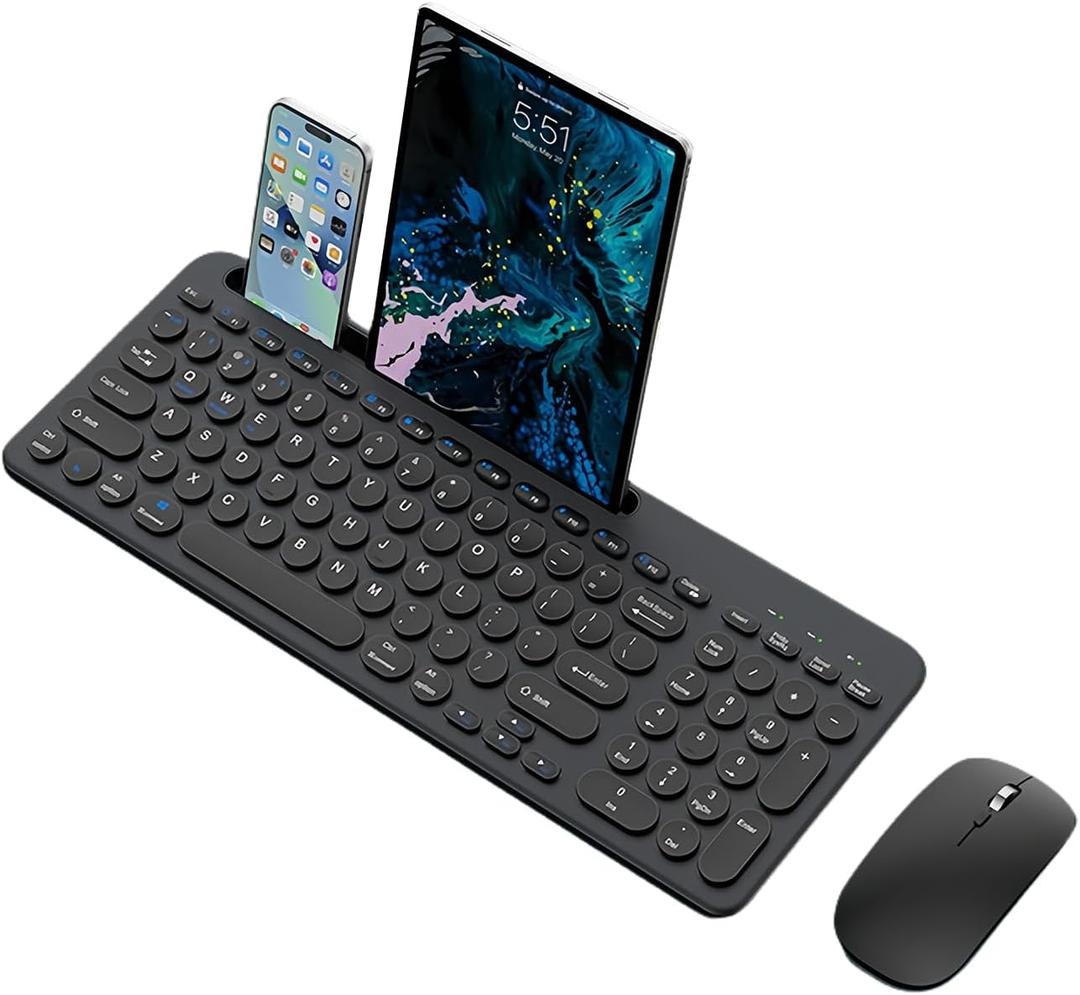 Wireless Keyboard and Mouse Combo with Phone Tablet Holder, Rechargeable Dual-Mode (Bluetooth 5.0 and 3.0 +2.4G) Multi-Device Silent Mouse for Windows, iPad, Tablet, MacOS,iOS,Android(Black)