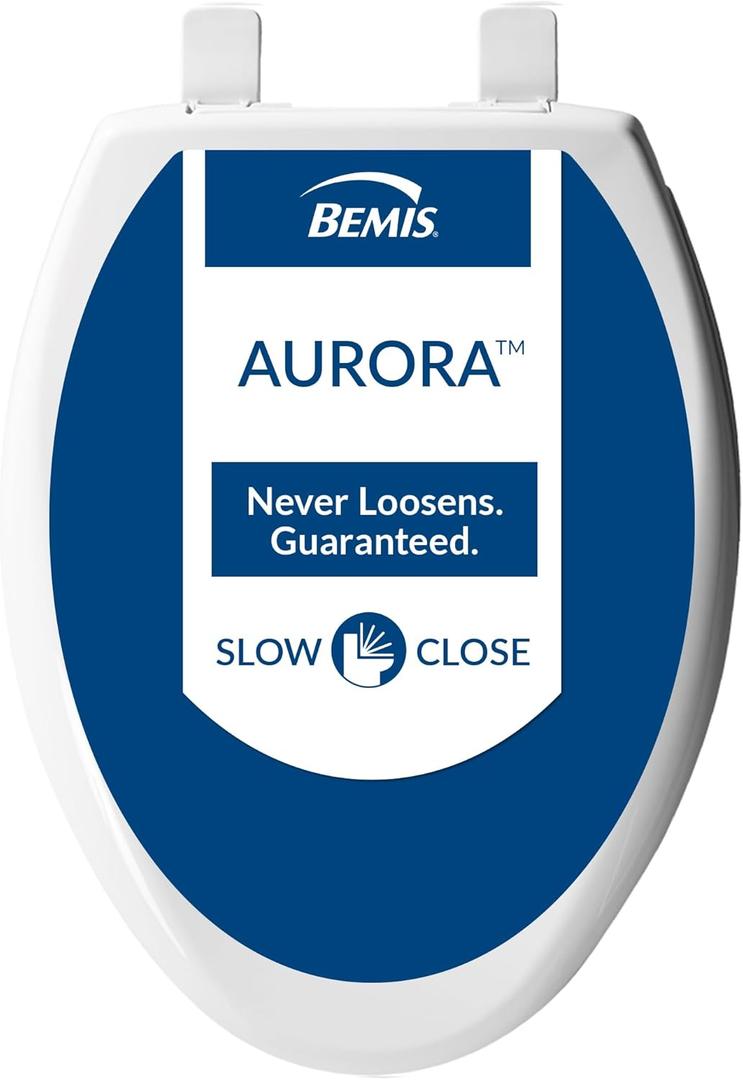 Bemis Aurora Slow Close Toilet Seat, Easy Clean Hinges and Adjustable Perfect Fit Plastic Seat, Made in USA, Elongated, White
