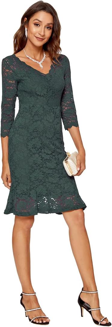 Atnlewhi Womens 3/4 Sleeve Slim Fit Lace Cocktail Dresses Party Wedding Guest V Neck Formal Evening Bodycon Dress, Large