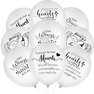 Chenkaiyang 60 Pcs Memorial Balloons 12 Inch White Latex Balloons with Ribbons for Memorial Day Funeral Decoration Wing