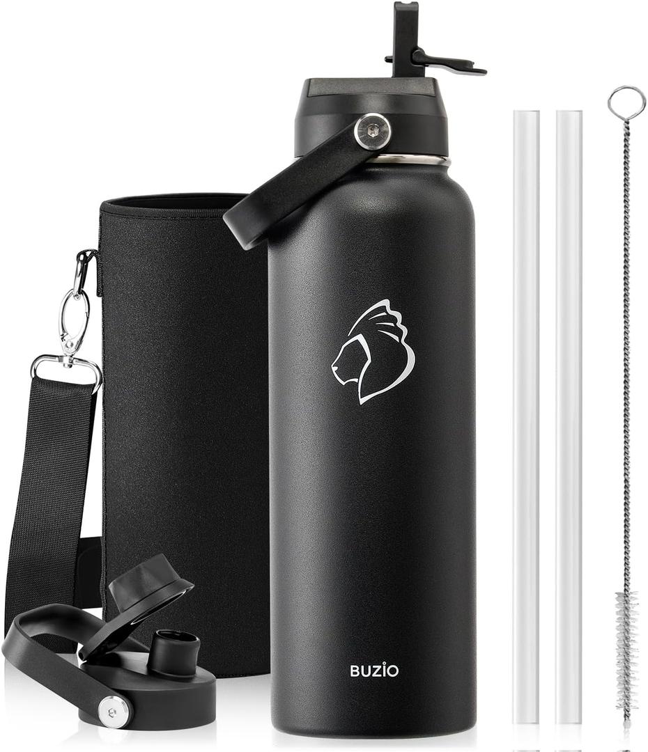 BUZIO 40oz Insulated Water Bottle, Triple Wall Vacuum Stainless Steel Water Flask with 2 lids, Lead-Free BPA-Free Straw Lid Sports Canteen Jug, Cold 48H & Hot 24H- Black