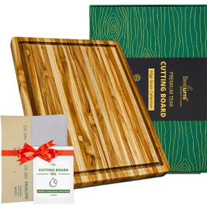 BEEFURNI Teak Wood Cutting Board with Juice Groove Hand Grip, Durable Wooden Cutting Boards for Kitchen, Butcher Block, Charcuterie Board, Christmas Gifts (Edge Grain Juice Groove, Medium)