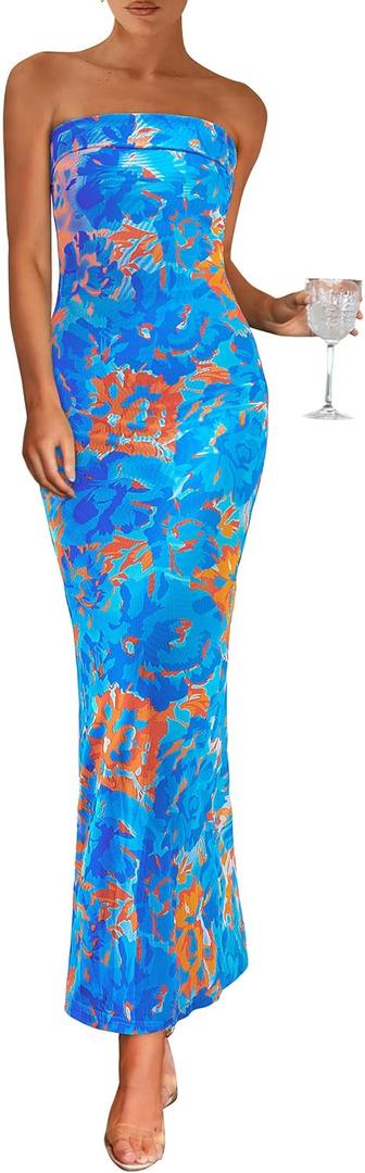 PRETTYGARDEN Womens Summer Printed Tube Maxi Dress Strapless Bodycon Sleeveless Night Out Long Dresses (Medium, Floral Light Blue)