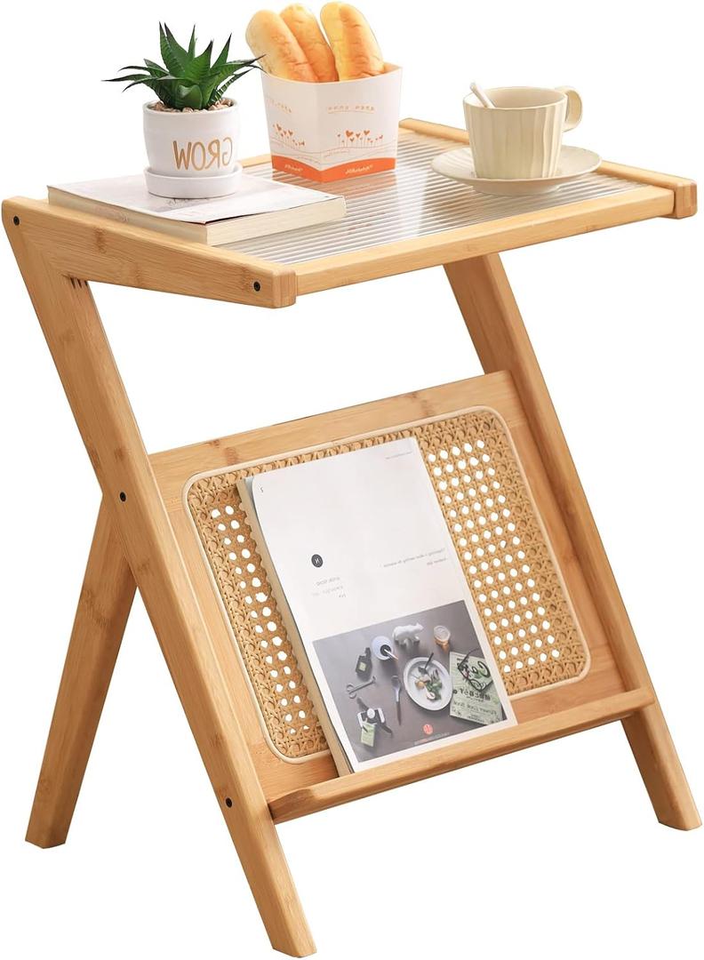 Tiita Rattan Side Table, Mid Century Nightstand, Bamboo Accent Bedside Tables, Glass Coffee Tables, Boho Wooden End Table with Storage for Small Space, Living Room and Bedroom, Large