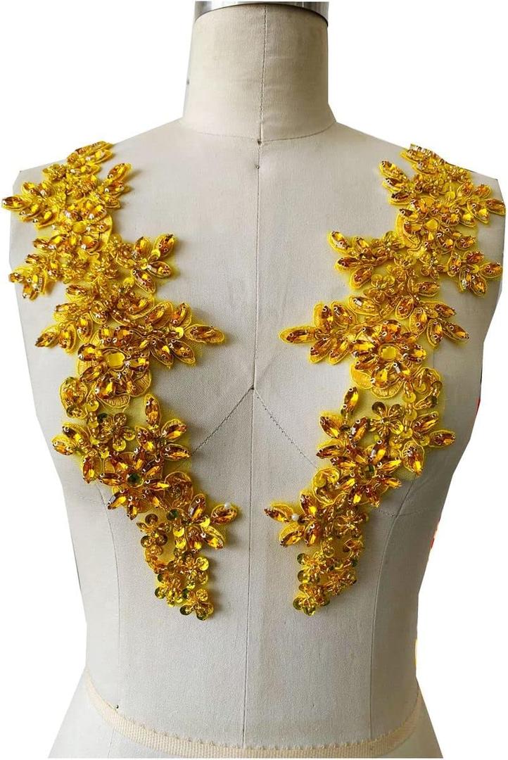 Zbroh Handmade red/White//Green/Blue Rhinestones Applique Sewing Beads Stones Trim lace Patches Accessory for Dress Clothes one Pair (Gold)