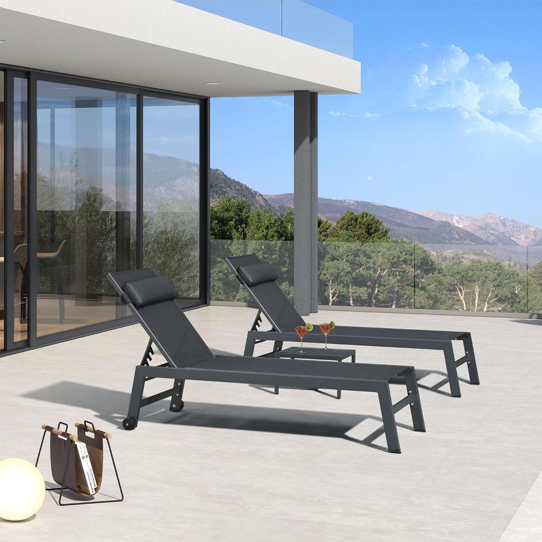 PURPLE LEAF Outdoor Lounge Chair Set of 3 Patio Chaise Pool Lounger Aluminum Frame with Side Table and Wheels for Outside Sunbathing Tanning Recliner Including Pillows Gray (Grey)