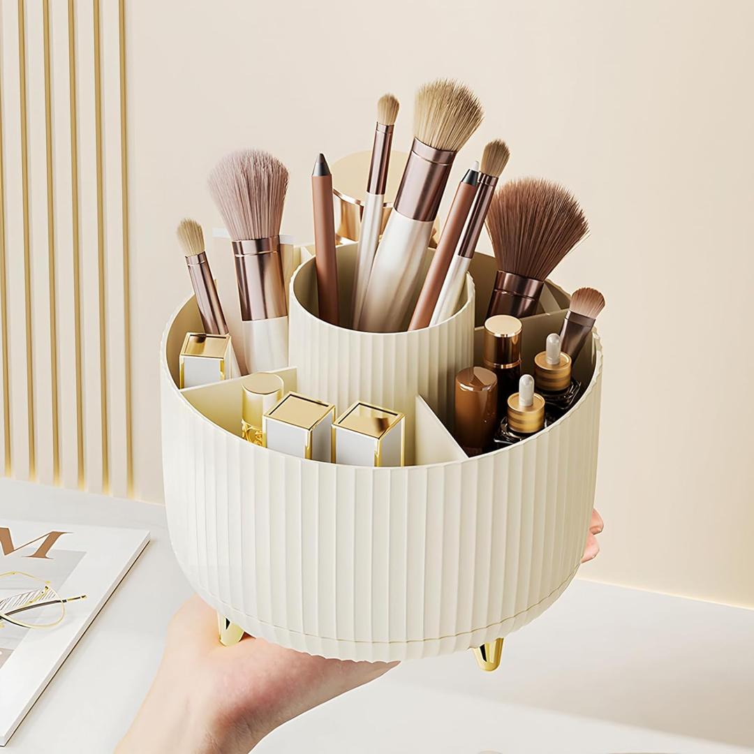 Diesisa Makeup Brush Holder Organizer, 360° Rotating Makeup Brush Organizer,5 Slot Make up Brushes Cup for Cosmetics, Nail Polish, Art Supply, Bathroom Vanity Desktop Organizer - Cream