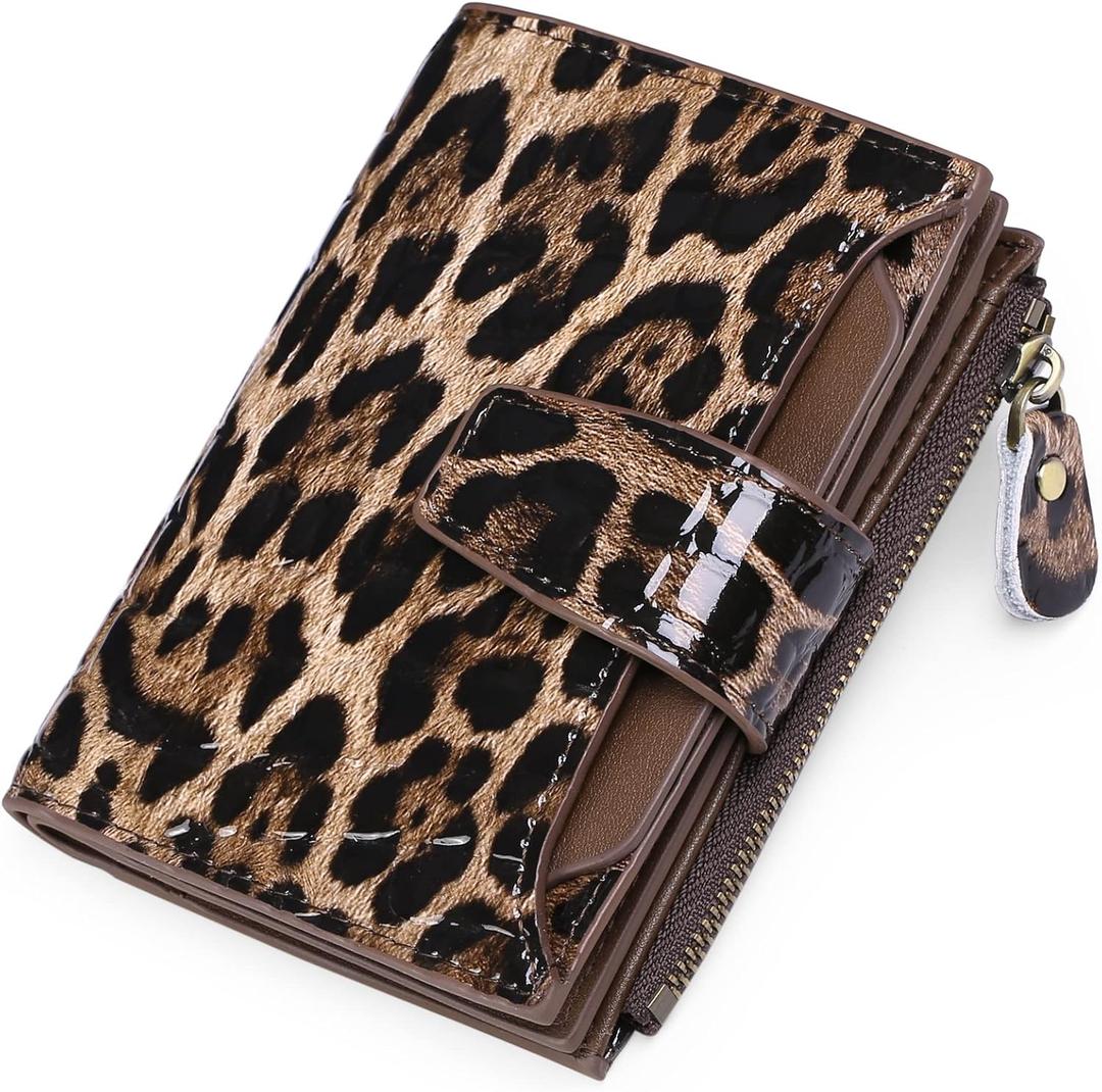 GOIACII RFID Women's Wallet Small Ladies Credit Card Holder Leather with Zipper Pocket 4 ID Windows Leopard Print Wax Black
