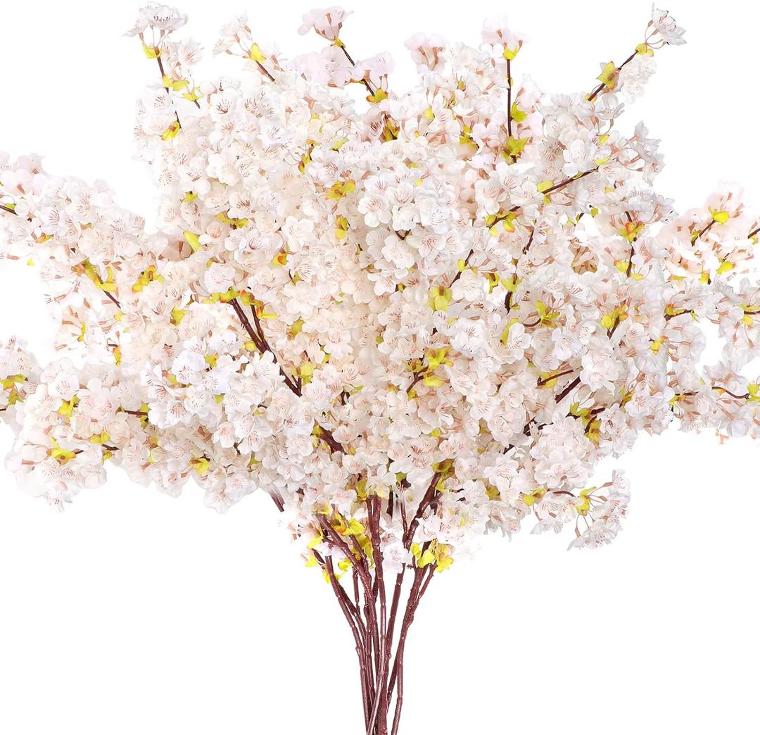 Giegxin Set of 8 Silk Cherry Blossom Branches Cherry Blossom Tree Stems Long Stem Artificial Flowers for Tall Vase Flowers for Home Wedding Vase Floral Arrangements, 39.37 Inch(White)