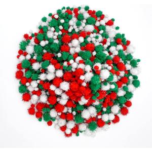 Lusy DM 1200 Pieces Christmas Pom Pom Glitter Pom Pom Balls Christmas Tinsel pom pom for Craft Making and Hobby Supplies (4 Sizes, White, Red, Green)