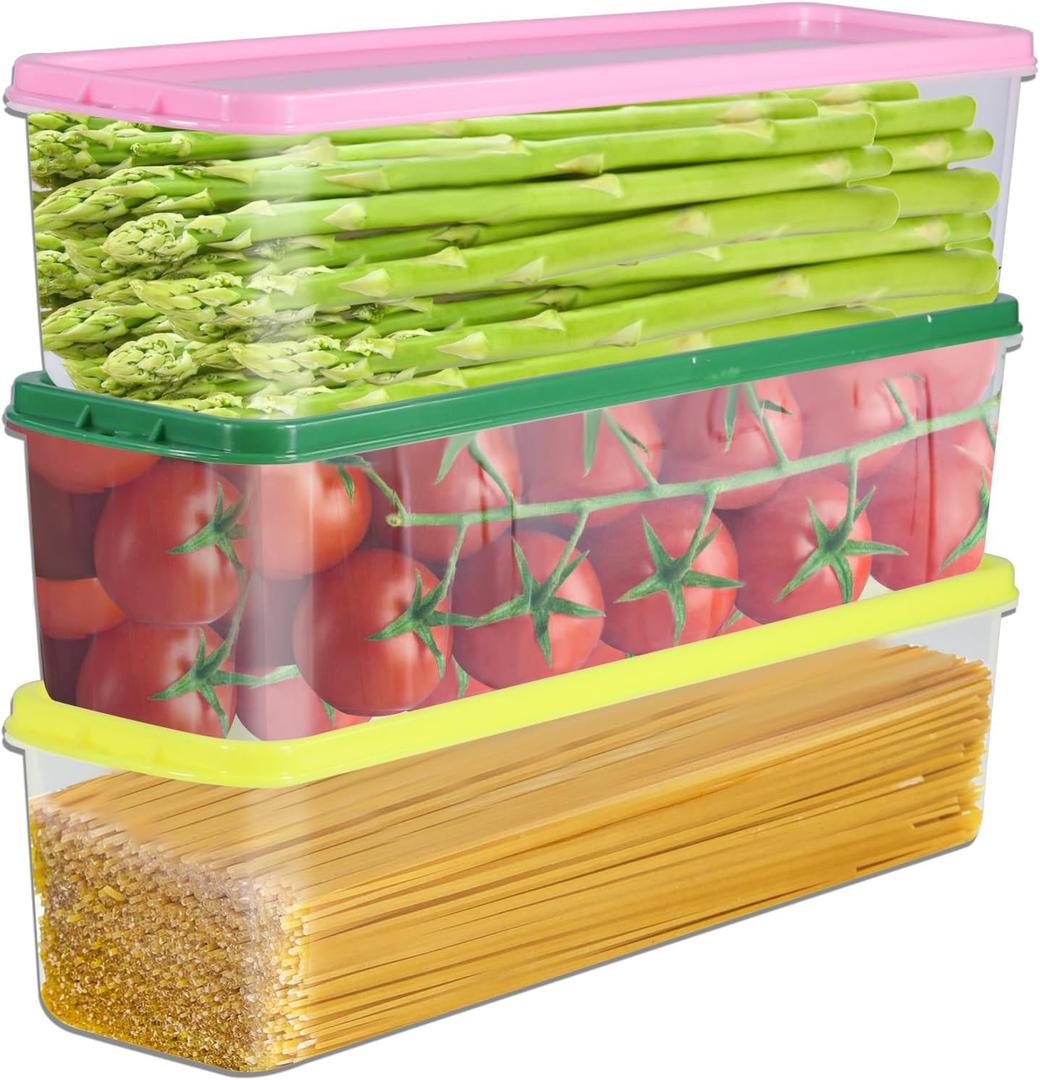 3Pcs Pasta Storage Container with Lid Ice Cream Container Airtight Plastic Spaghetti Food Storage Box for Refrigerator, Kitchen Pantry, 11.6" X 2.8" X 3" 