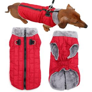 Warm Fleece Dog Coats with Durable Harness Buitl in D-Ring,Waterproof Puppy Jacket for Small Dogs,Dog Vest for Cold Winter, Red (Small)