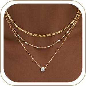 WomenGifts Layered Gold Necklaces for Women, 14K Gold Sterling Silver Plated Dainty Pendant Necklace Set Non Tarnish, Chunky Stackable Cuban Chain Choker, Trendy Birthstone Vacation Jewelry Gift