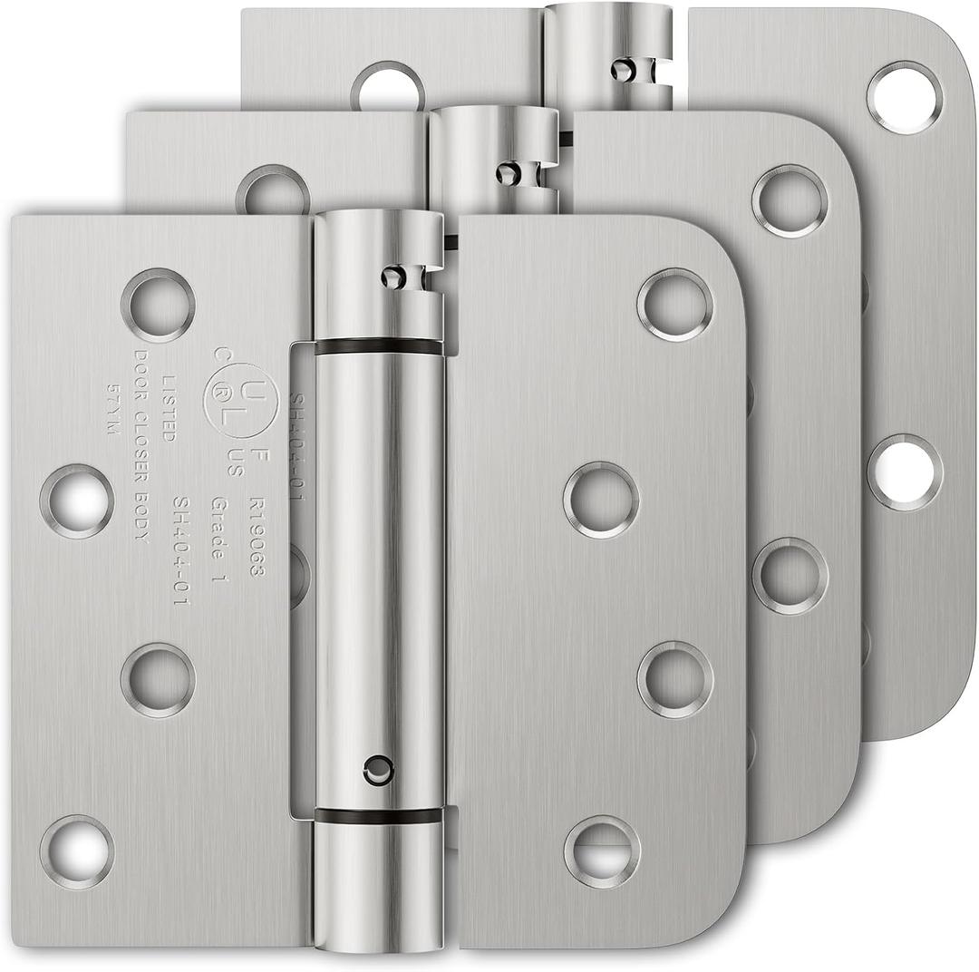 3 Pack Self Closing Door Hinges, 4 Inch Spring Loaded Hinges with Square & 5/8'' Radius Corners, Adjustable Tension for Garage, Front Door, for Left and Right Hand Door, UL Listed