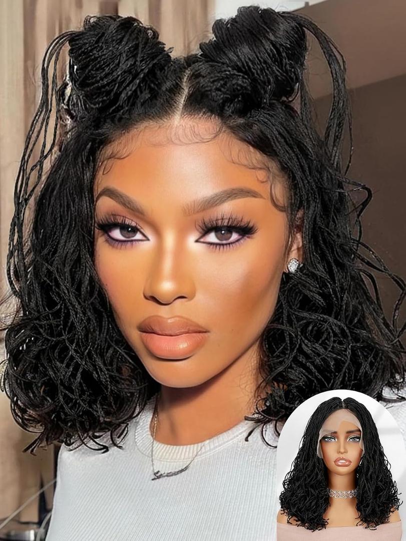 FANCEE Curly Braid Full Lace Wig Double Full Lace 14 Inch Curly Wavy Micro Box Braided Bob Wig with Baby Hair Pre Plucked Knotless Squrare Part Mini Braid Wig for Black Women