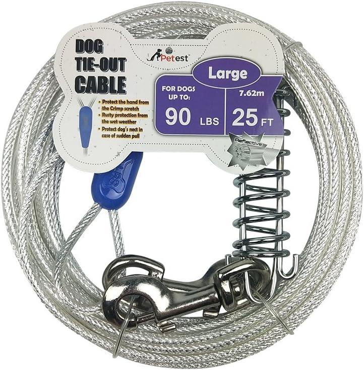 Petest 25ft Reflective Tie-Out Cable with Buffer Spring for Large Dogs Up to 90 Pounds (Blue & Silver)