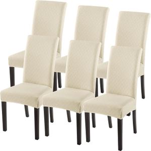 SearchI Dining Room Chair Covers Set of 6, Stretch Jacquard Parsons Chair Slipcovers Super Fit Removable Washable Kitchen Chair Protector Cover for Dining Room, Hotel, Ceremony (Beige Rhombus)