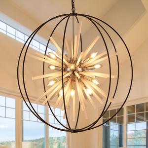 31.5" Black Gold Large Globe Sputnik Chandelier, 12-Light Mid Century Modern Industrial Starburst Golden Satellite Light Fixture for High Ceiling Living Room Dining Room Foyer Stairway,E12, Globe D31"