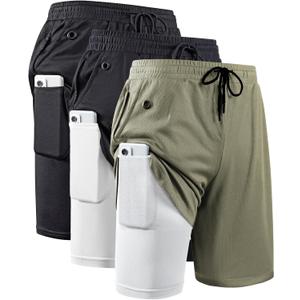 JWJ Men's 2 in 1 Workout Running Shorts 7 Inch Lightweight Athletic Gym Shorts with Compression Liner (3 Pack Black / Black White / Army White)