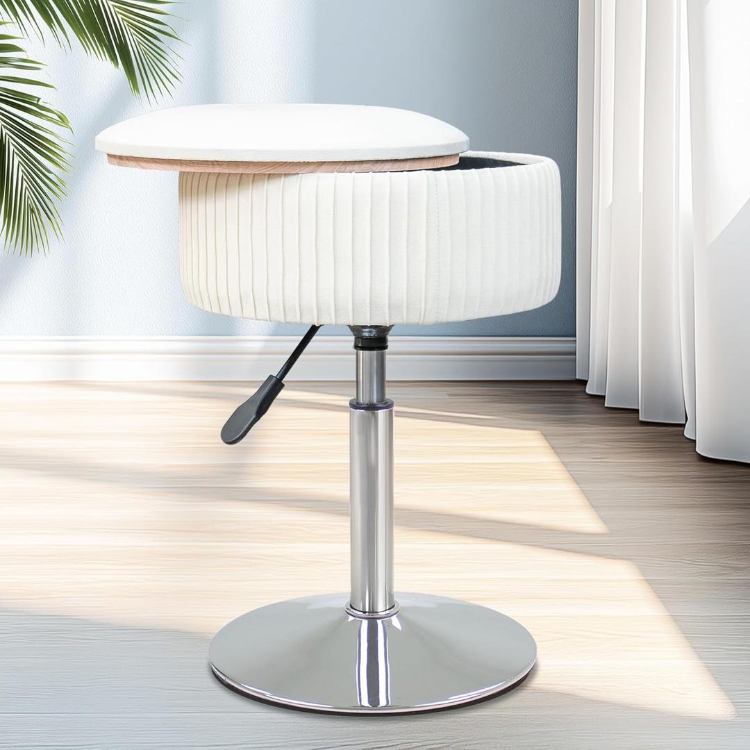 Adjustable Vanity Stool with Storage, 360 Swivel Vanity Chair, Velvet Small Round Ottoman Footrest for Bathroom, Makeup Room, Beige (Silver Base)