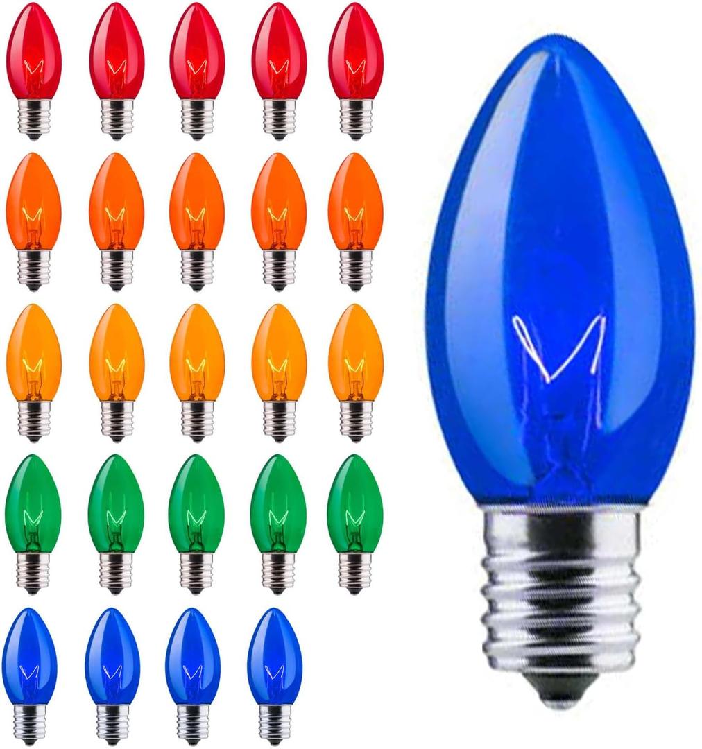Brightown 50 Pack C9 Incandescent Bulb, C9 Christmas Replacement Light Bulb for Christmas String Light, E17 Intermediate Base, 7 Watt (Multicolor)