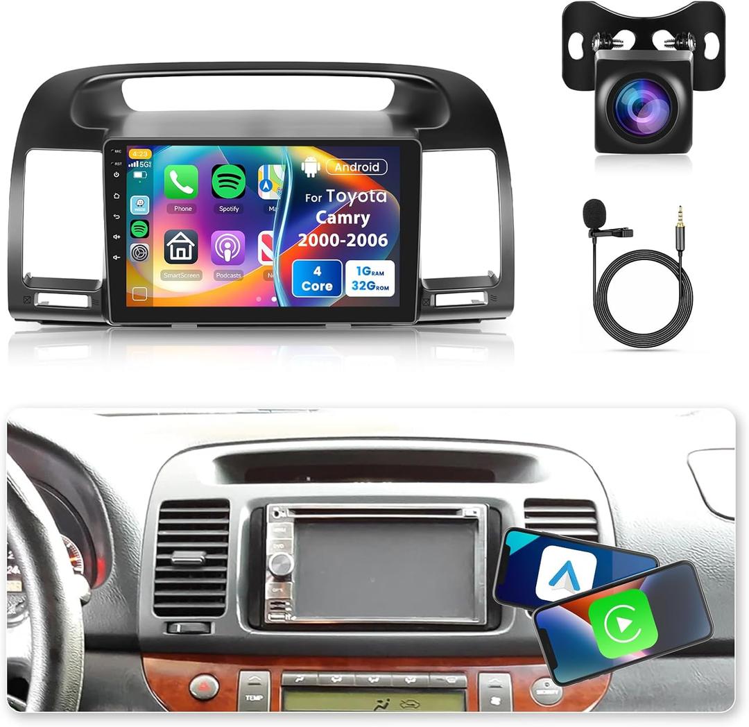 Android Car Stereo for Toyota Camry 2000 2001 2002 2003 2004 2005 2006 Wireless Carplay Android Auto, Rimoody 9'' Touchscreen Car Radio with Mirror Link, Bluetooth/WiFi/GPS/FM/HiFi/SWC+Backup Camera