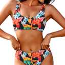 AI'MAGE Women Ribbed Bikini Sets Sporty Swimsuits Scoop Neck Two Piece Bathing Suits High Cut Bikini (Large, Black Multi Floral)