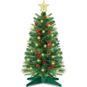 3 Ft Green Christmas Tree with Lights, Timer 8 Modes DIY 50 Warm White Lights Battery Operated Small Artifical Full Xmas Tree Pine Needles Cones Red Berry for Tabletop Home Indoor Holiday Party Decor