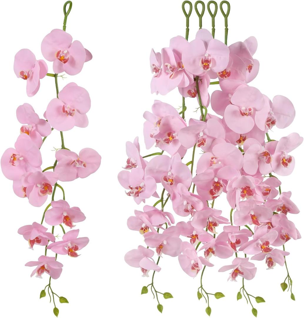 Orchids Artificial Flowers,4PCS Real Touch Fake Pink Flowers Faux Phalaenopsis Orchids Hanging Flowers for Wedding Party Wall Garden Outdoor Home Decor (Pink)