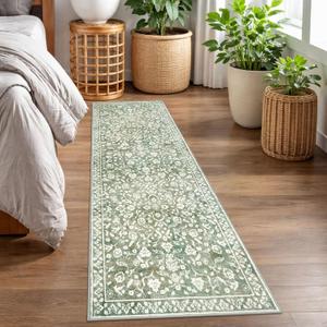 Vintage 2x7 Runner Rug, Sage Green Beige Washable Runners for hallways, Super Soft Kitchen Runner Rug Non Slip, Print Faux Wool Floral Thin Carpet Runner for Entryway Indoor Bedside Runner
