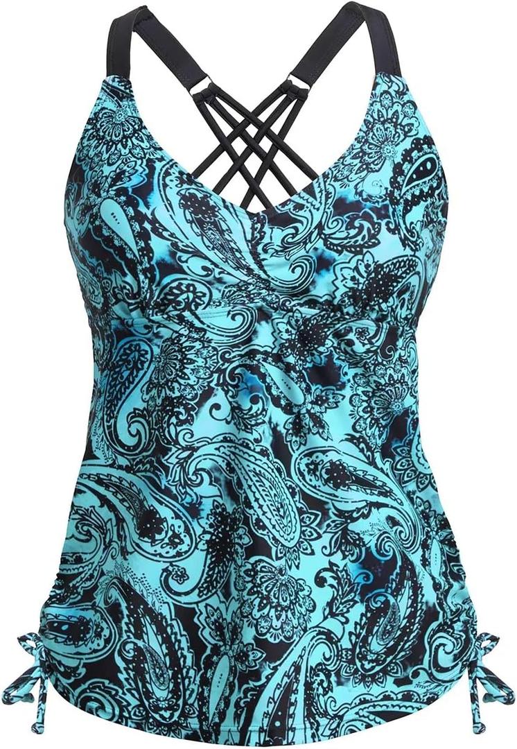 Tempt Me Women Tankini Top Only V Neck Swim Tops Tummy Control Bathing Suit Top No Bottom (Blue, XL)